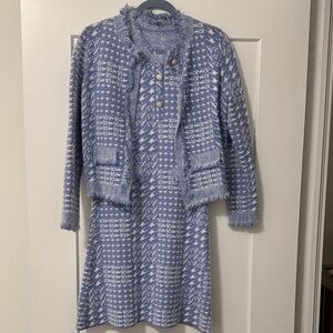 Chic Blue and White Women's Cardigan& Dress Set